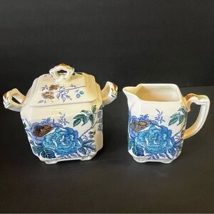 Mason’s Ironstone Belvedere Creamer and Sugar Bowl w/ Lid Vintage Floral Blue
